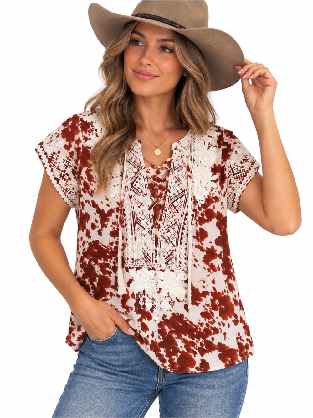Savanna Jane Embroidered Lace Up Western Top Rust White Size Small